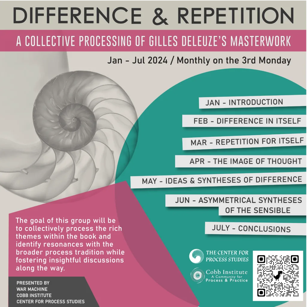 War Machine Podcast Learning Circle: Difference & Repetition: A Collective Processing of Gilles Deleuze's Masterwork, sponsored by the Cobb Institute and the Center for Process Studies