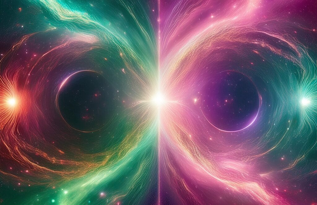 Dipolar cosmos with a pink nebula on the left and a green nebula on the right