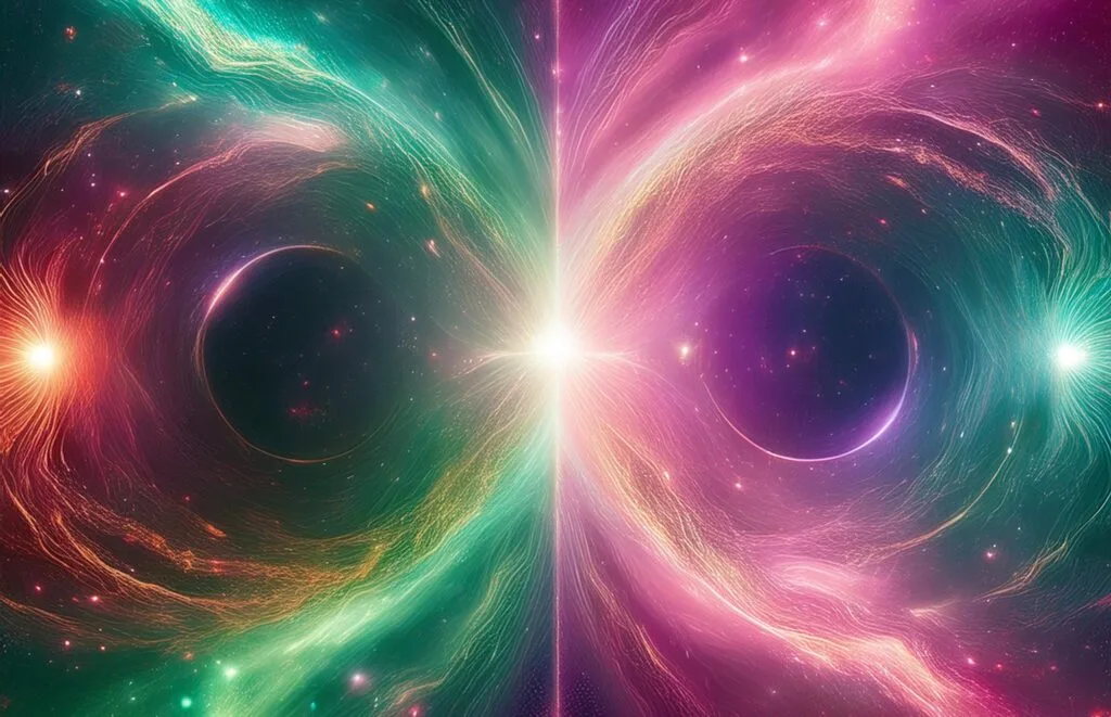 Dipolar cosmos with a pink nebula on the left and a green nebula on the right