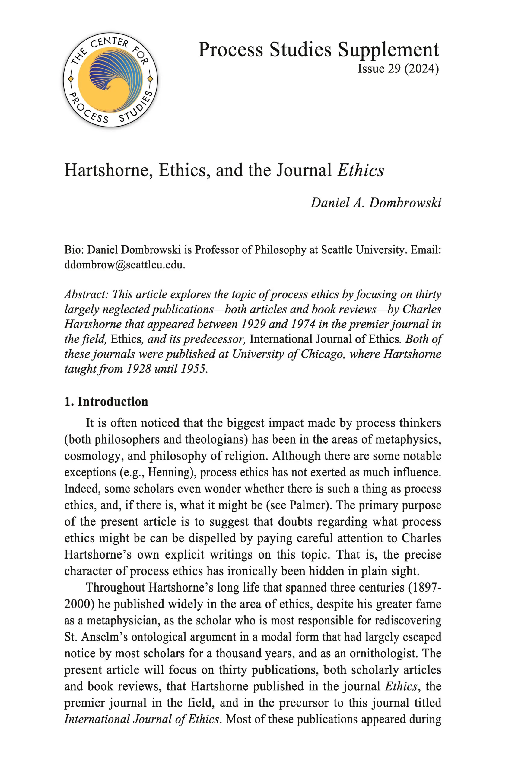 Process Studies Supplement Issue 29 - Daniel A. Dombrowski, "Hartshorne, Ethics, and the Journal Ethics"