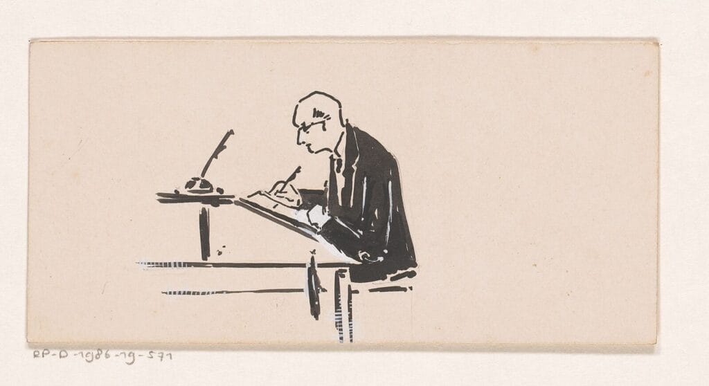 Schrijvende man aan een lessenaar by Reinier Willem Petrus de Vries